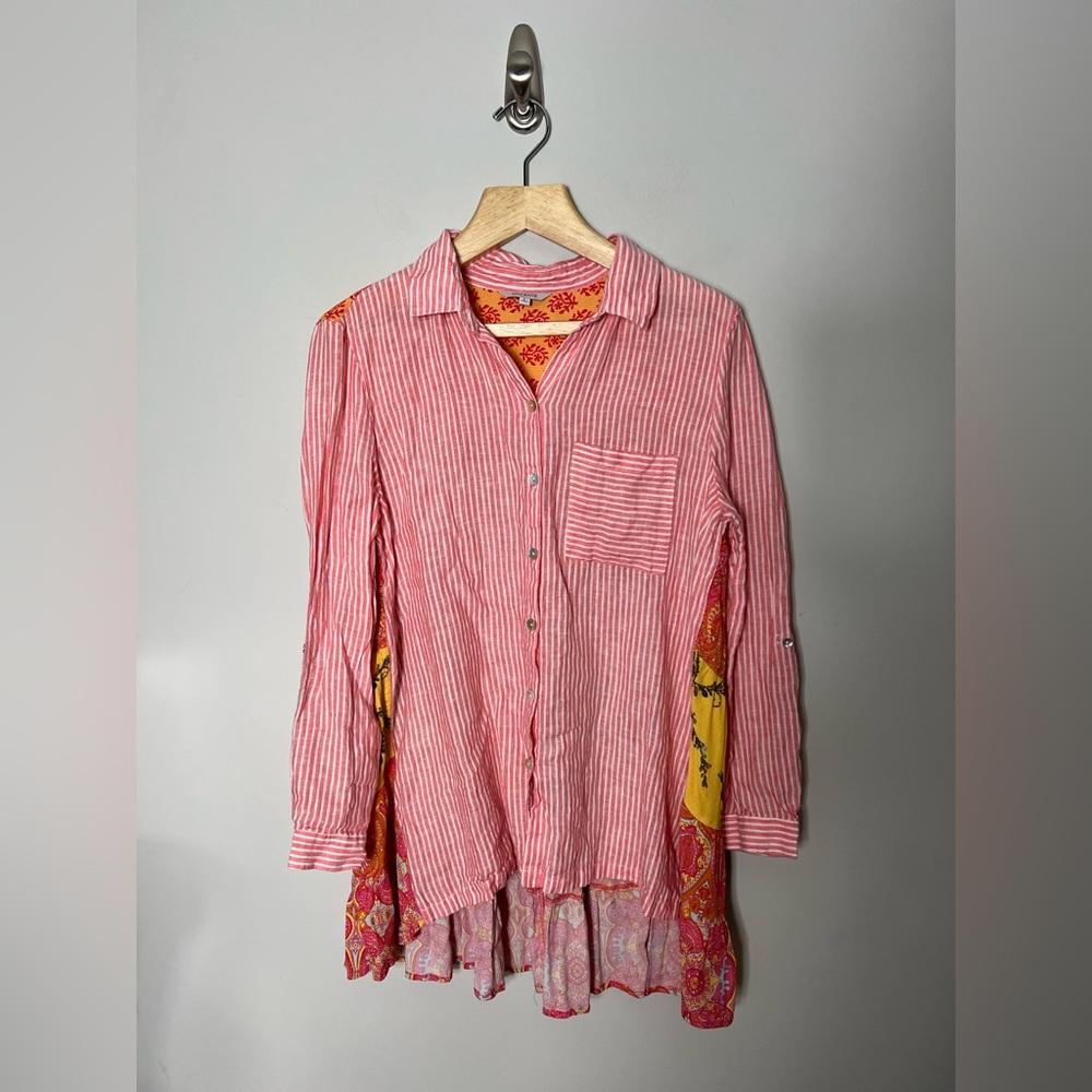 Vincente Linen Button Down Long Sleeve Shirt Mixed Pattern Floral Large 333